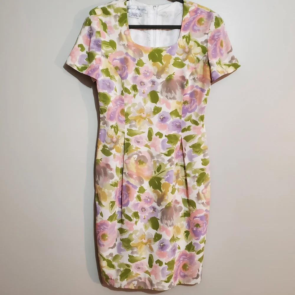 Maggy London Vtg 80s silk pastel floral watercolor square neck sheath dress 6 - Picture 4 of 12